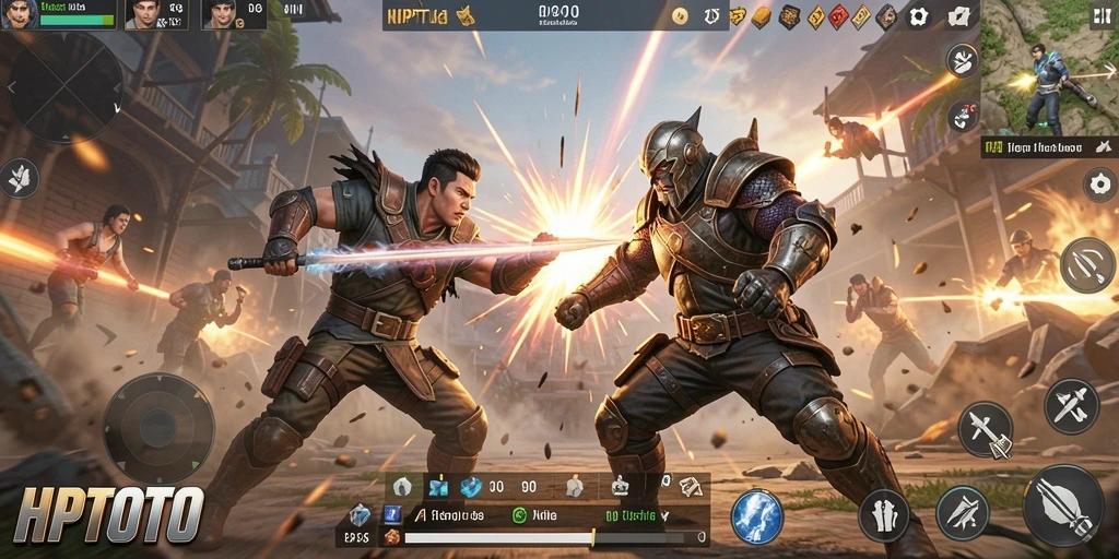 Screenshot gameplay HPTOTO menampilkan pertempuran seru di arena terbuka.
