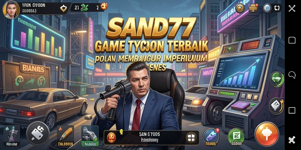 Tampilan gameplay menarik di SAND77 menunjukkan aksi membangun bisnis Tycoon.
